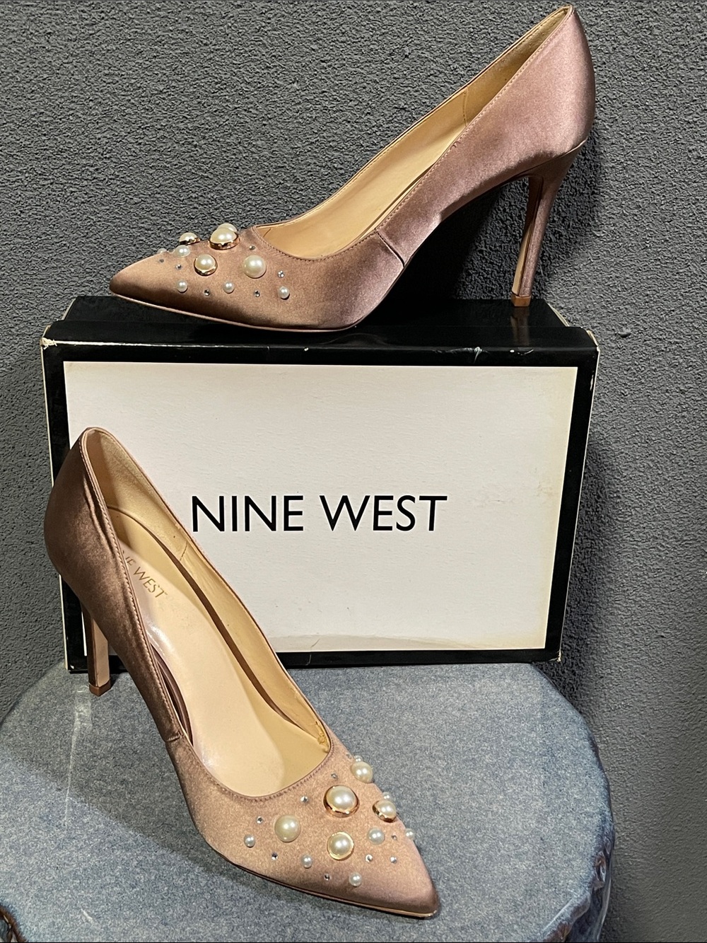 Nine West Satin Pointed-Toe Pumps with Pearl & Crystal Accents in Rose